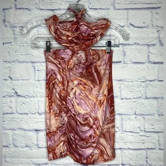 ASOS DESIGN Marble Print Halter Ruched Cutout Stretch Mini Dress - Picture 3 of 6